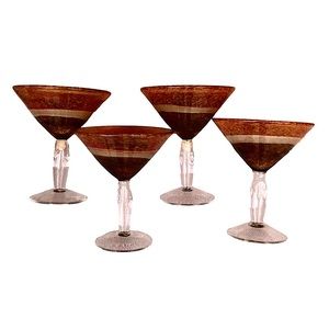 Set Of Four Vintage Hand Blown Glass Orange Brown Heavy Martini Glasses